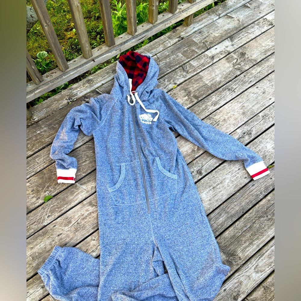 Roots Cozy Blue Hooded Onesie with Red Plaid Lining